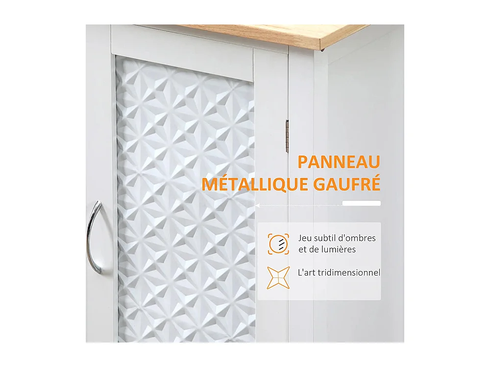 Desserte à roulettes Chariot de Service pour cuisine Style Contemporain - Porte, tiroir, 3 étagères - poignées métal bois Blanc