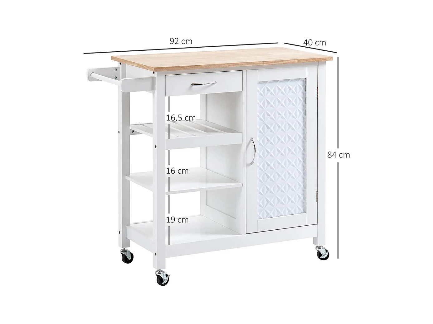 Desserte à roulettes Chariot de Service pour cuisine Style Contemporain - Porte, tiroir, 3 étagères - poignées métal bois Blanc