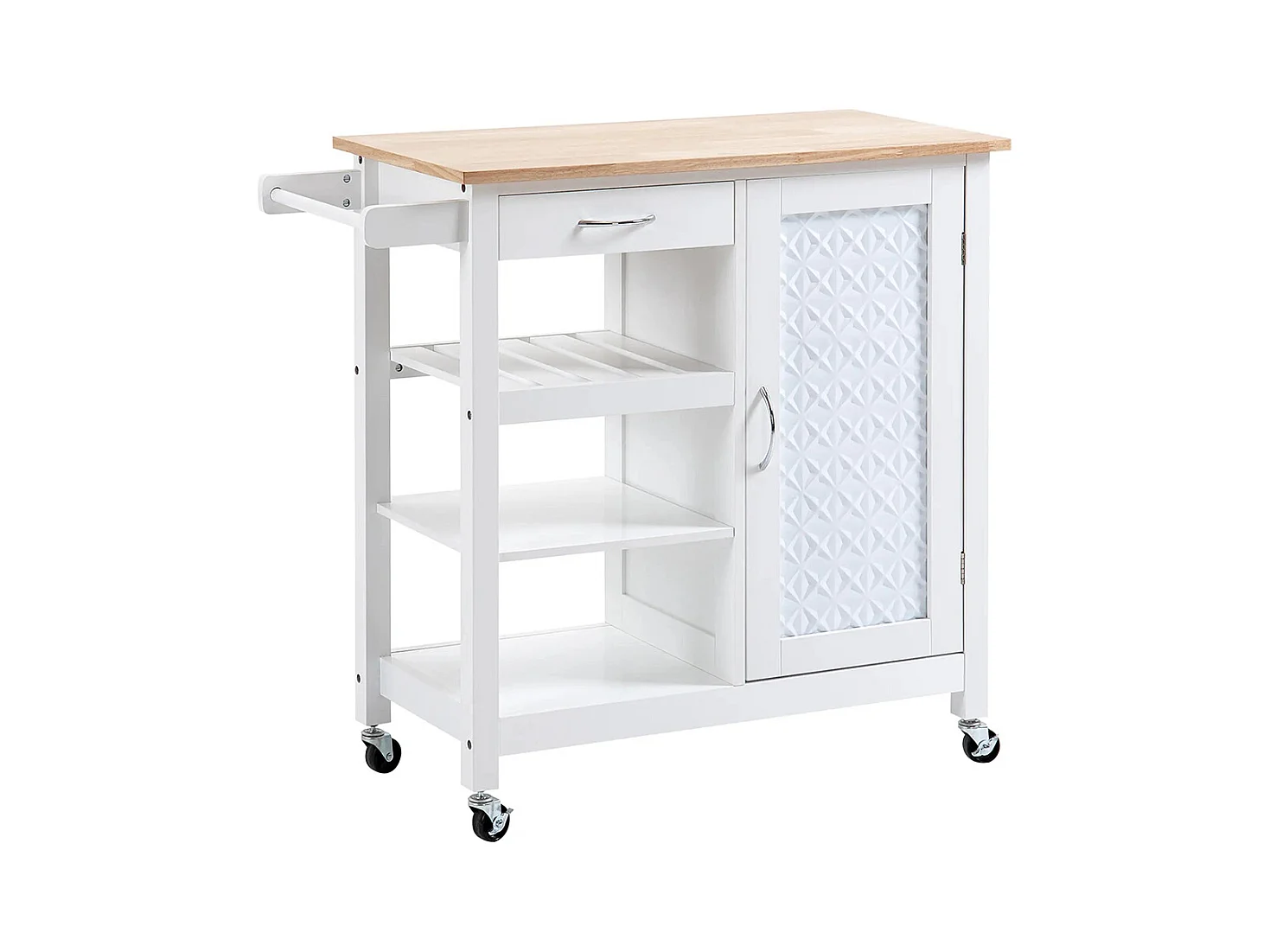 Desserte à roulettes Chariot de Service pour cuisine Style Contemporain - Porte, tiroir, 3 étagères - poignées métal bois Blanc
