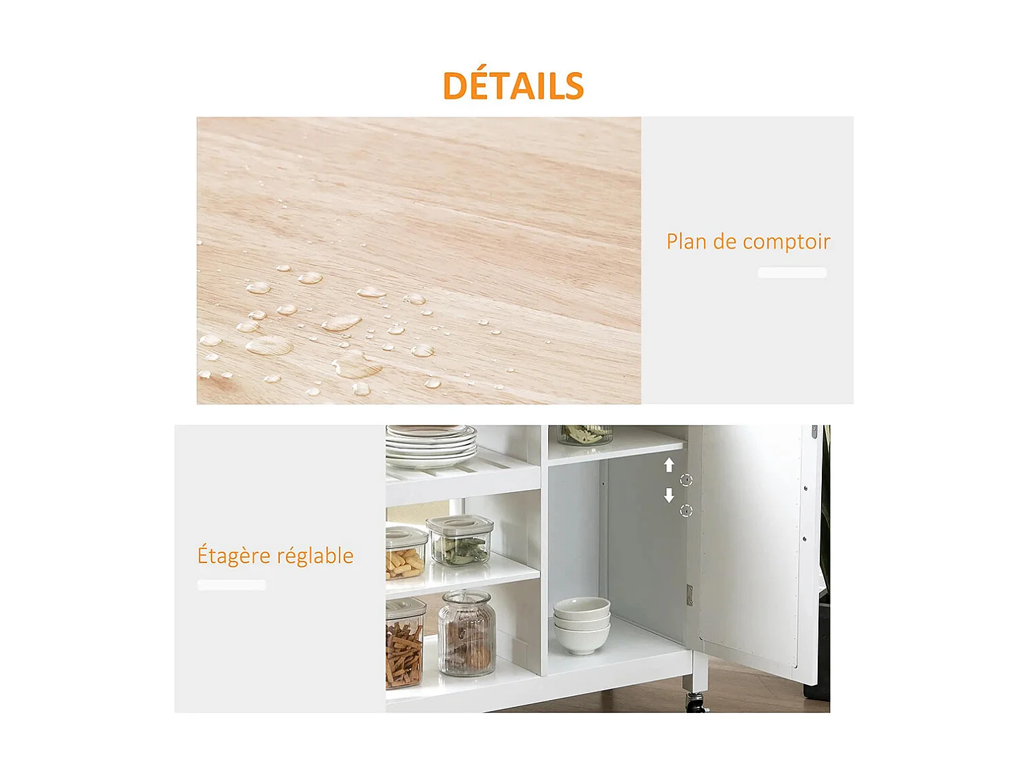 Desserte à roulettes Chariot de Service pour cuisine Style Contemporain - Porte, tiroir, 3 étagères - poignées métal bois Blanc