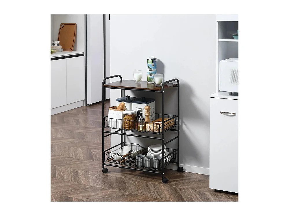 Desserte cuisine 3 niveaux, chariot de service, chariot de rangement à roulettes avec 2 paniers extractibles, étagère et crochets latéraux, 60 x 38 x 85,5 cm, noyer