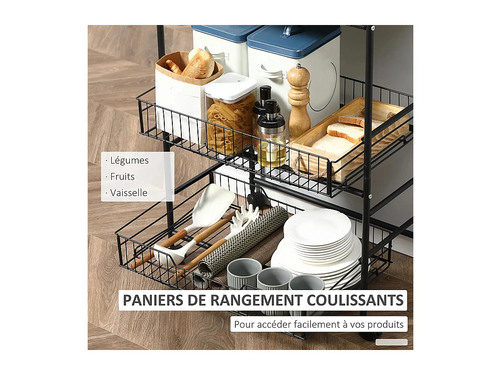 Desserte cuisine 3 niveaux, chariot de service, chariot de rangement à roulettes avec 2 paniers extractibles, étagère et crochets latéraux, 60 x 38 x 85,5 cm, noyer