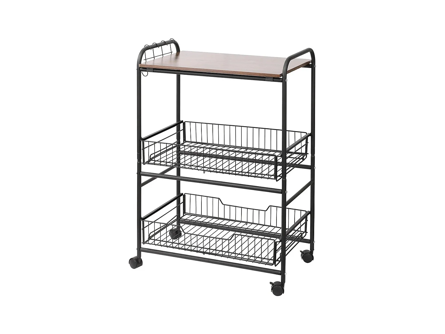 Desserte cuisine 3 niveaux, chariot de service, chariot de rangement à roulettes avec 2 paniers extractibles, étagère et crochets latéraux, 60 x 38 x 85,5 cm, noyer