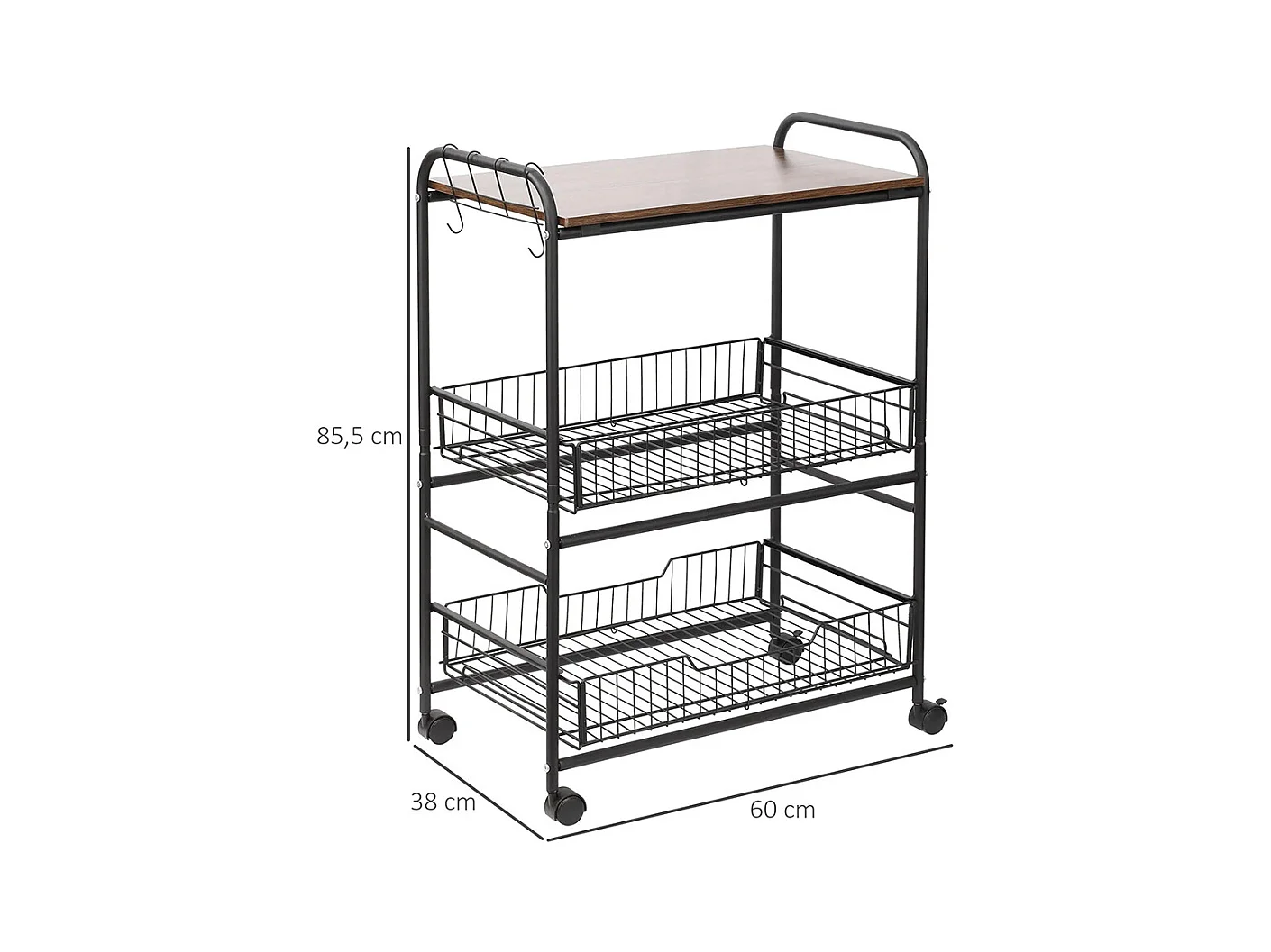 Desserte cuisine 3 niveaux, chariot de service, chariot de rangement à roulettes avec 2 paniers extractibles, étagère et crochets latéraux, 60 x 38 x 85,5 cm, noyer