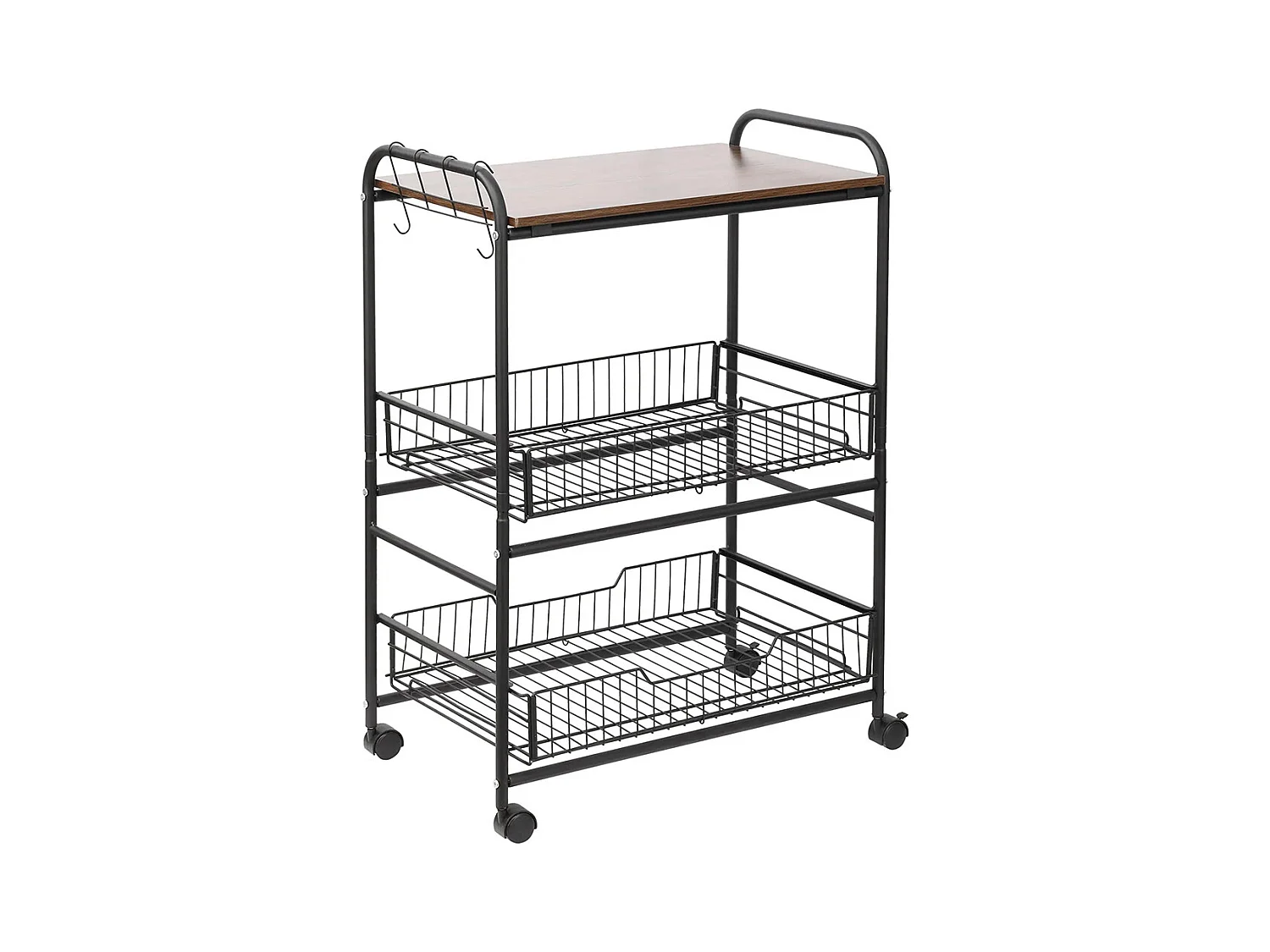 Desserte cuisine 3 niveaux, chariot de service, chariot de rangement à roulettes avec 2 paniers extractibles, étagère et crochets latéraux, 60 x 38 x 85,5 cm, noyer