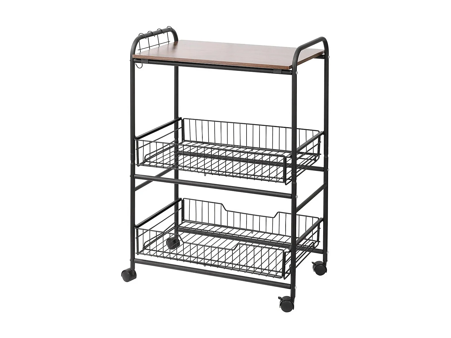 Desserte cuisine 3 niveaux, chariot de service, chariot de rangement à roulettes avec 2 paniers extractibles, étagère et crochets latéraux, 60 x 38 x 85,5 cm, noyer
