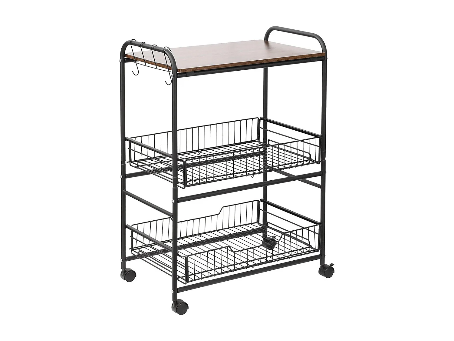 Desserte cuisine 3 niveaux, chariot de service, chariot de rangement à roulettes avec 2 paniers extractibles, étagère et crochets latéraux, 60 x 38 x 85,5 cm, noyer