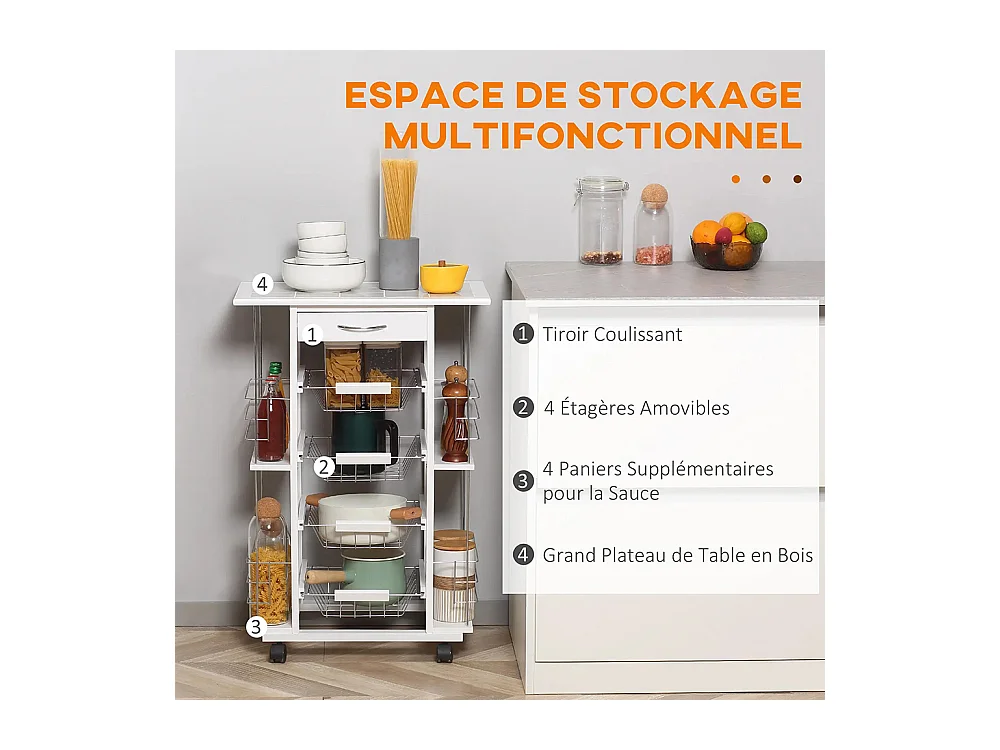 Chariot de service desserte de cuisine à roulettes multi-rangements 4 paniers métal tiroir + 4 range-bouteilles bois pin plateau carrelé blanc