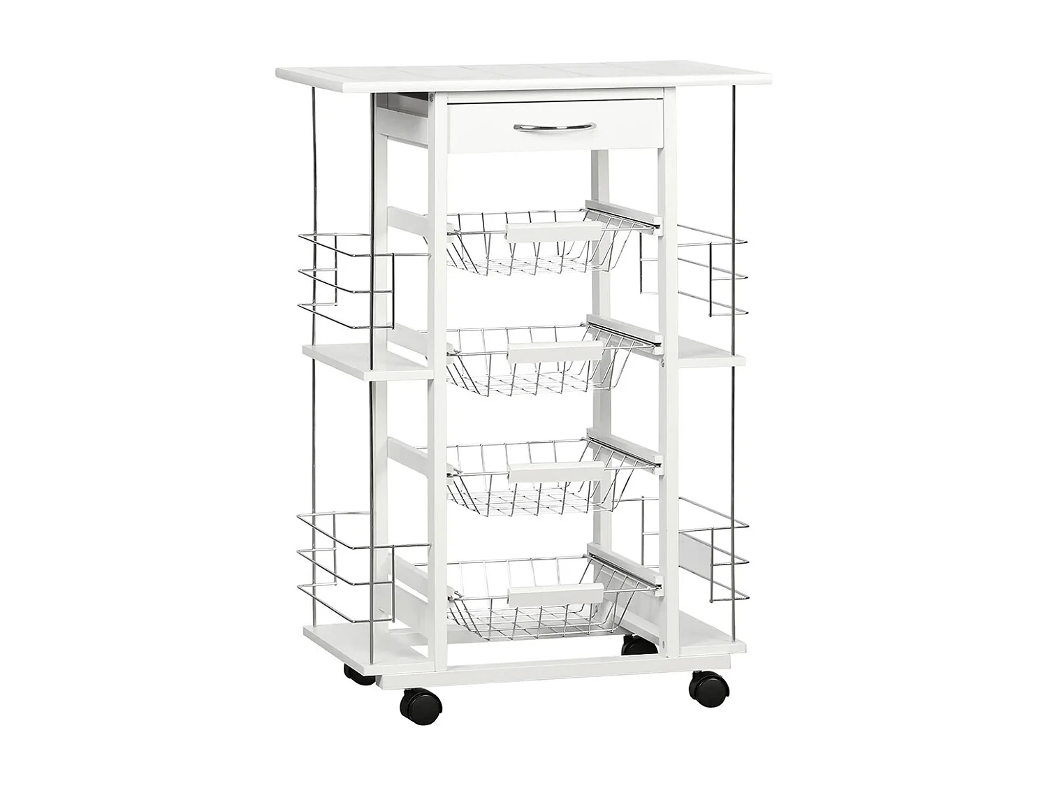 Chariot de service desserte de cuisine à roulettes multi-rangements 4 paniers métal tiroir + 4 range-bouteilles bois pin plateau carrelé blanc