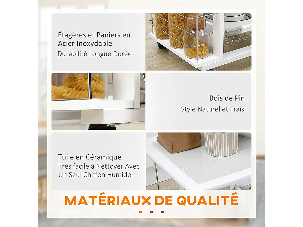 Chariot de service desserte de cuisine à roulettes multi-rangements 4 paniers métal tiroir + 4 range-bouteilles bois pin plateau carrelé blanc