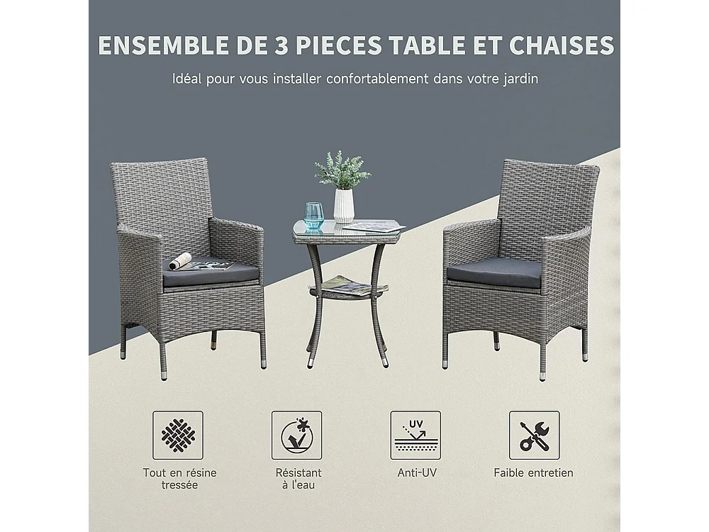 Ensemble salon de jardin，2 fauteuils et table basse plateau verre trempé résine tressée imitation rotin avec coussins ，gris