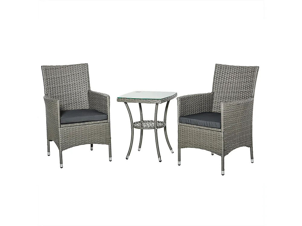 Ensemble salon de jardin，2 fauteuils et table basse plateau verre trempé résine tressée imitation rotin avec coussins ，gris