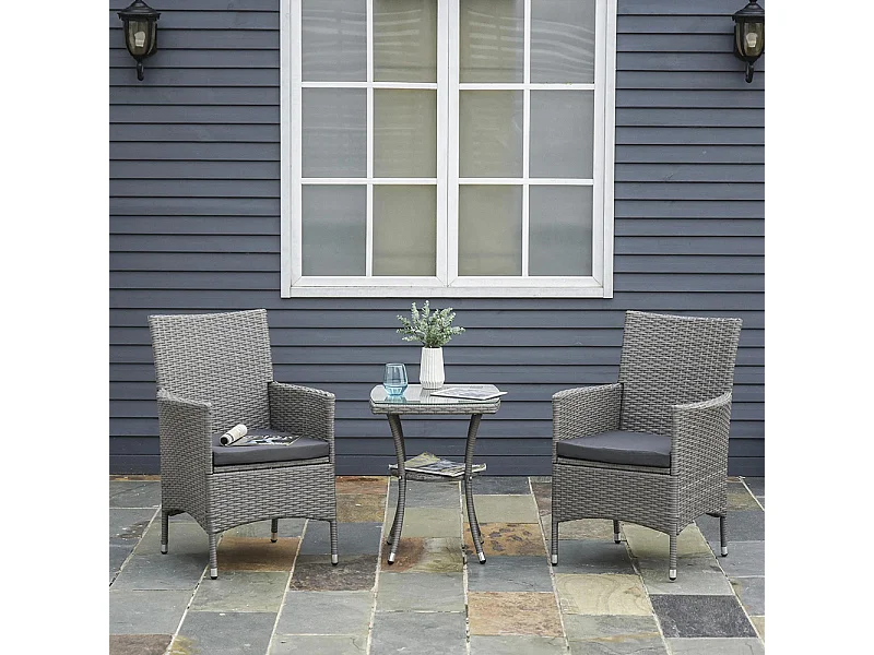 Ensemble salon de jardin，2 fauteuils et table basse plateau verre trempé résine tressée imitation rotin avec coussins ，gris