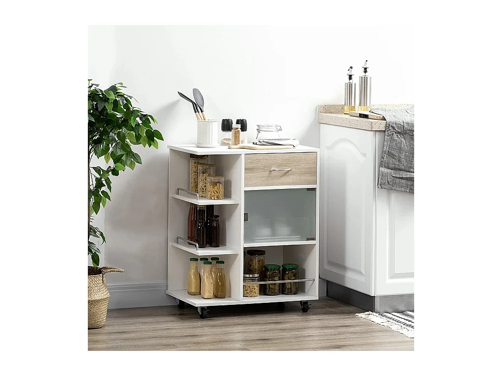 Desserte de cuisine îlot central cuisine roues pivotantes 360° étagères avec barrières 65 x 39 x 80 cm blanc