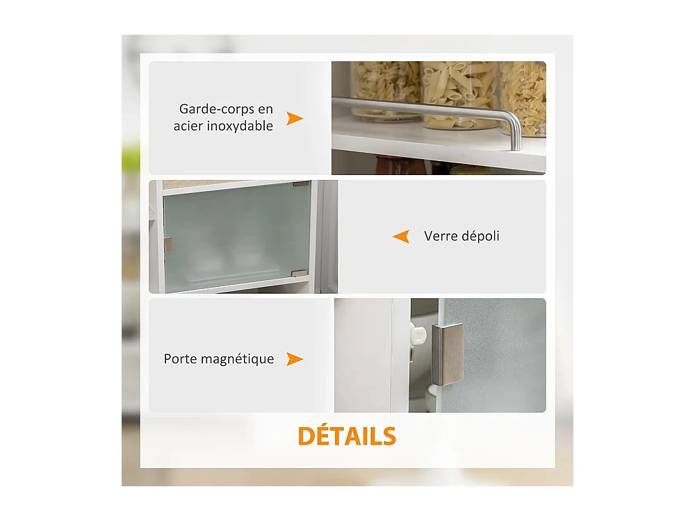 Desserte de cuisine îlot central cuisine roues pivotantes 360° étagères avec barrières 65 x 39 x 80 cm blanc