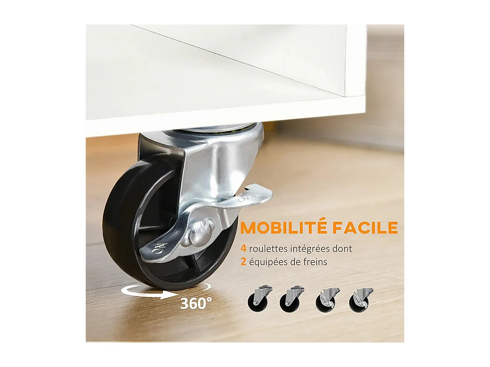 Desserte de cuisine îlot central cuisine roues pivotantes 360° étagères avec barrières 65 x 39 x 80 cm blanc