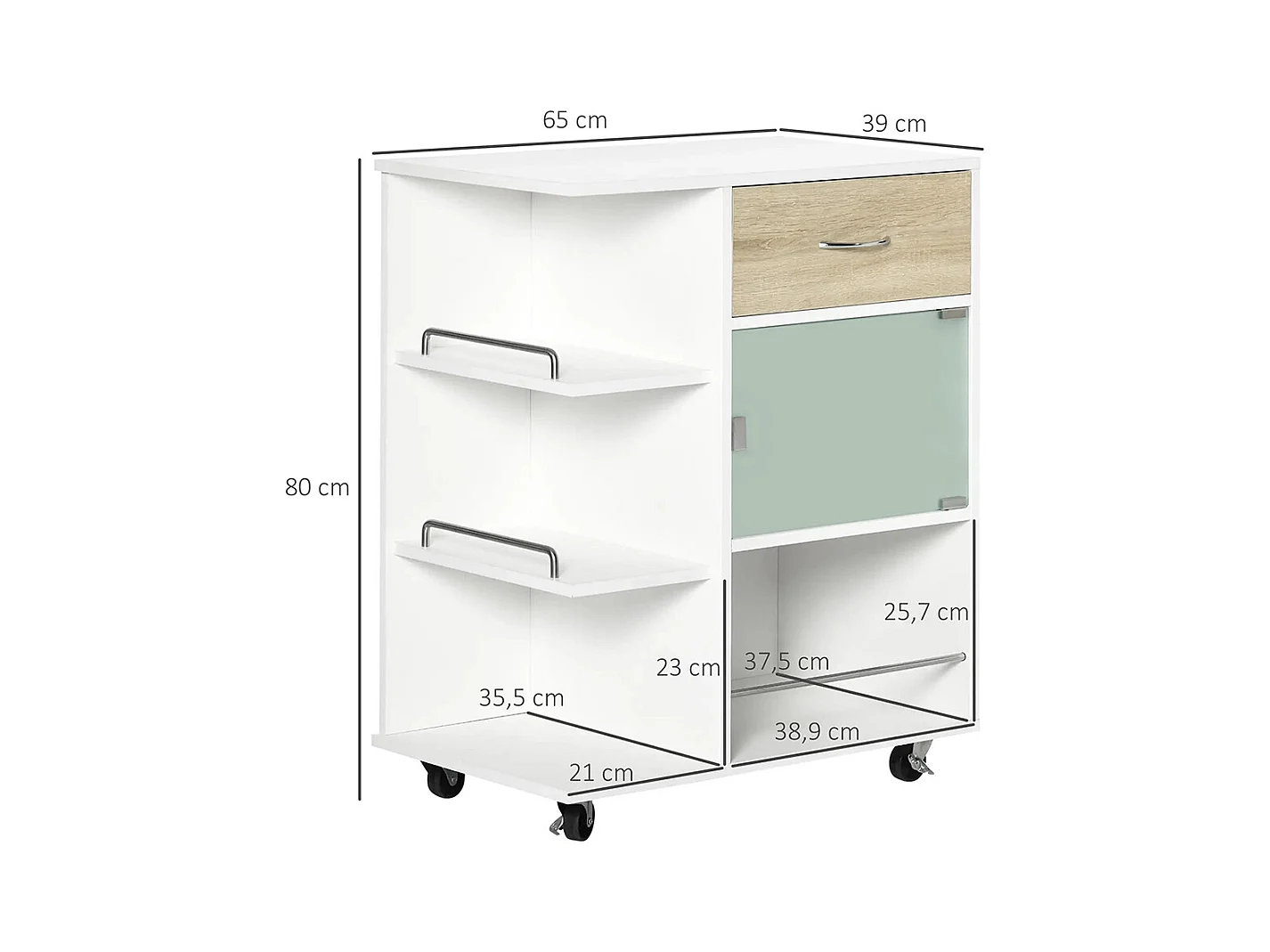 Desserte de cuisine îlot central cuisine roues pivotantes 360° étagères avec barrières 65 x 39 x 80 cm blanc