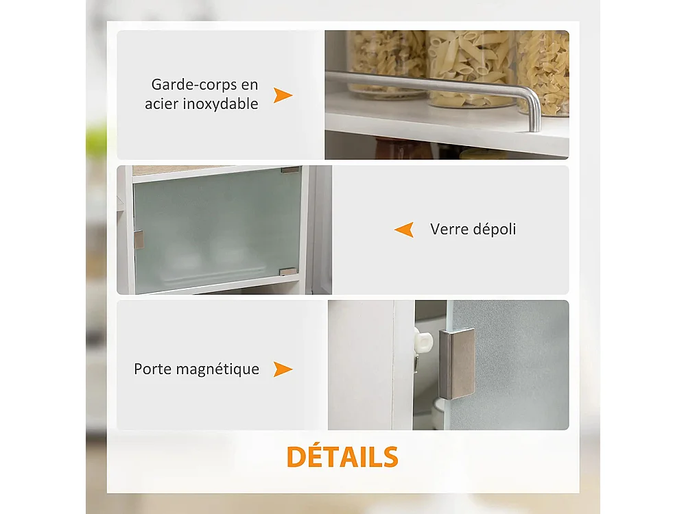 Desserte de cuisine îlot central cuisine roues pivotantes 360° étagères avec barrières 65 x 39 x 80 cm blanc