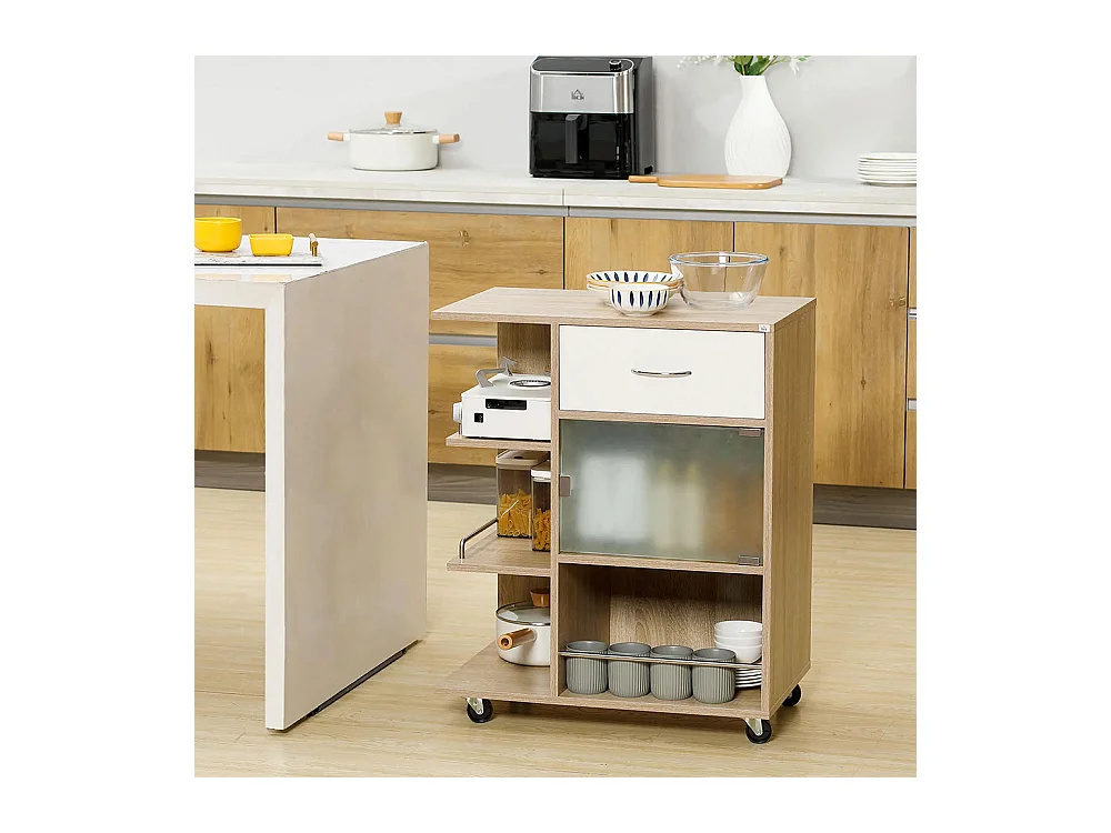 Desserte de cuisine îlot central cuisine roues pivotantes 360° étagères avec barrières 65 x 39 x 80 cm naturel