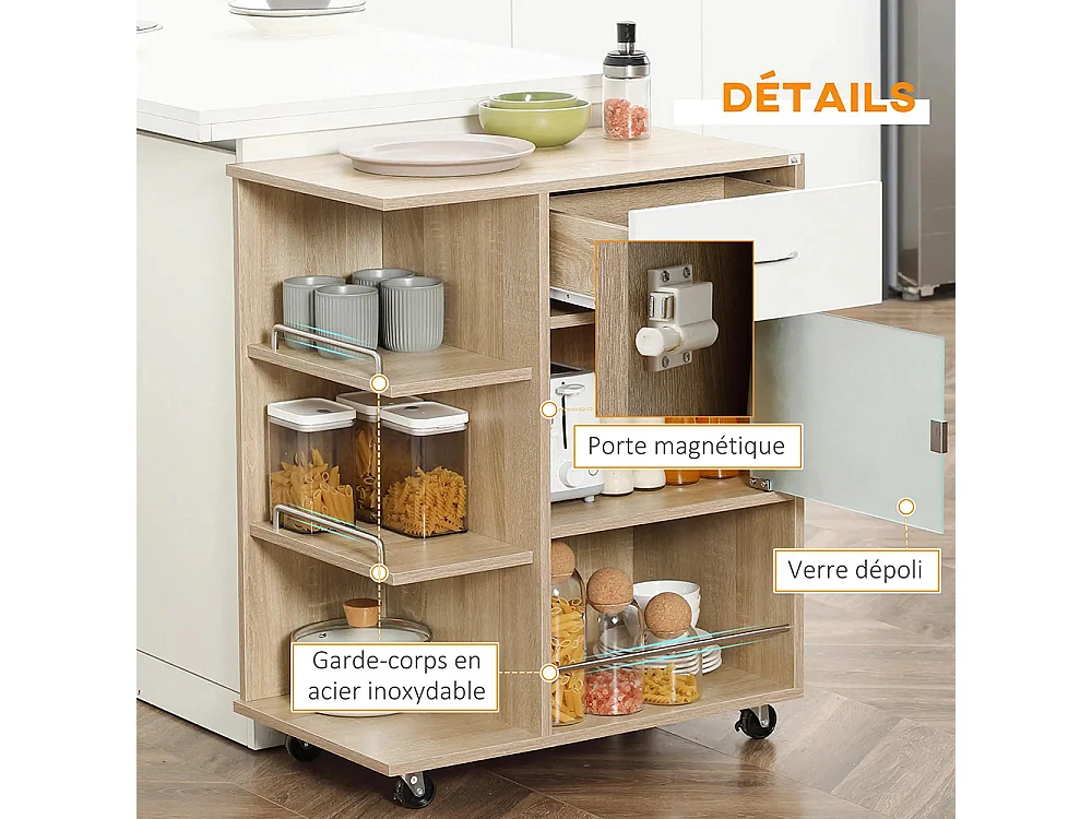 Desserte de cuisine îlot central cuisine roues pivotantes 360° étagères avec barrières 65 x 39 x 80 cm naturel