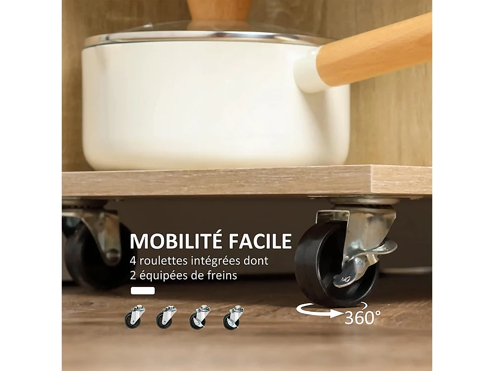 Desserte de cuisine îlot central cuisine roues pivotantes 360° étagères avec barrières 65 x 39 x 80 cm naturel