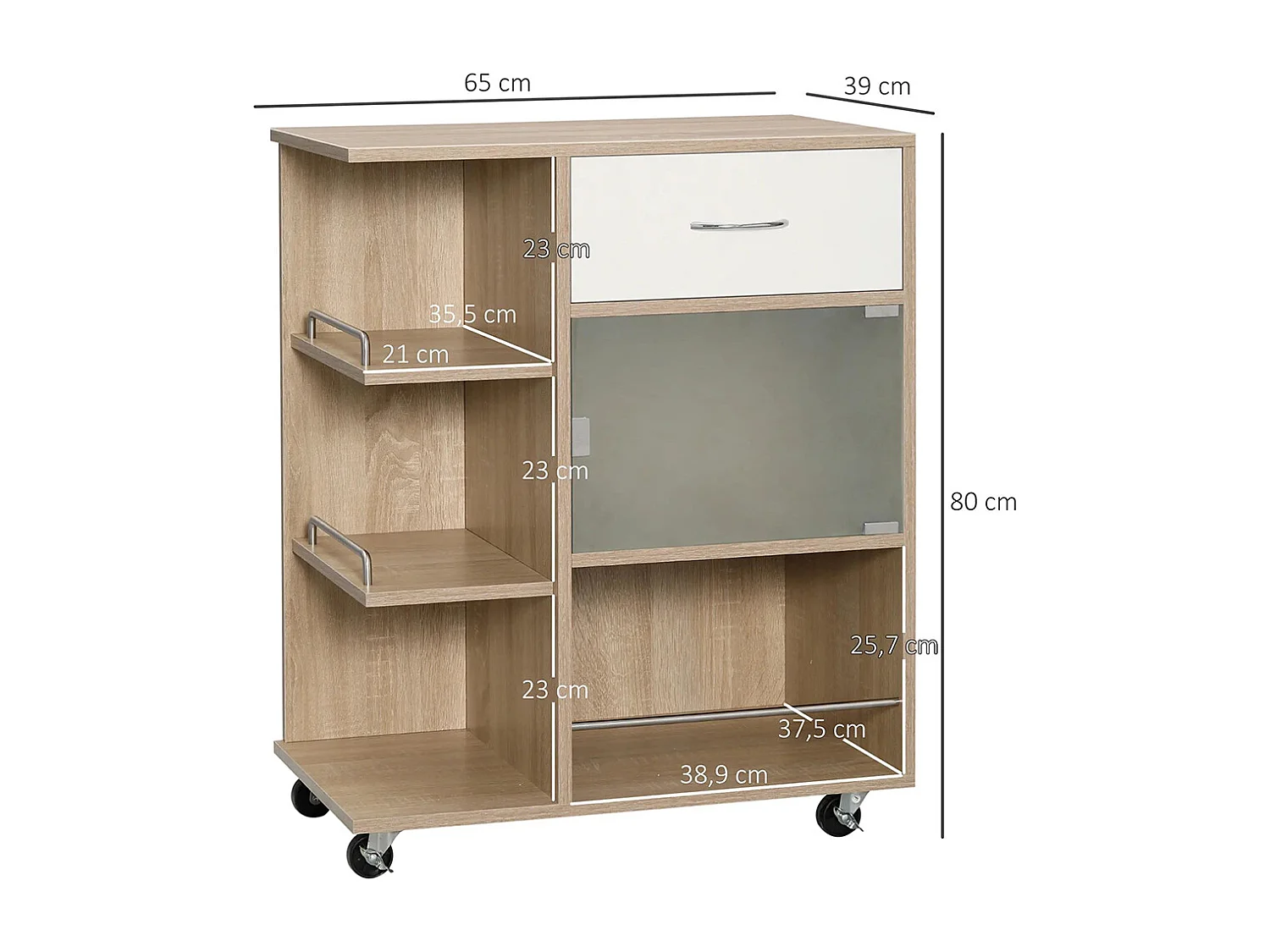 Desserte de cuisine îlot central cuisine roues pivotantes 360° étagères avec barrières 65 x 39 x 80 cm naturel