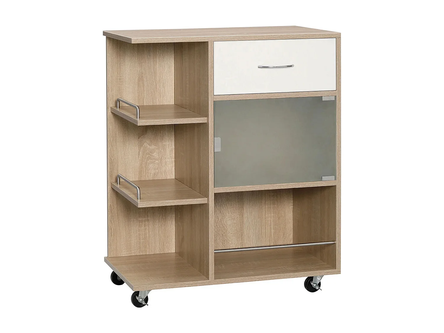 Desserte de cuisine îlot central cuisine roues pivotantes 360° étagères avec barrières 65 x 39 x 80 cm naturel