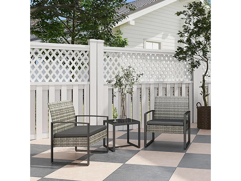 Salon de jardin 3 pièces 2 chaises avec coussins + table basse plateau verre trempé résine tressée， gris clair