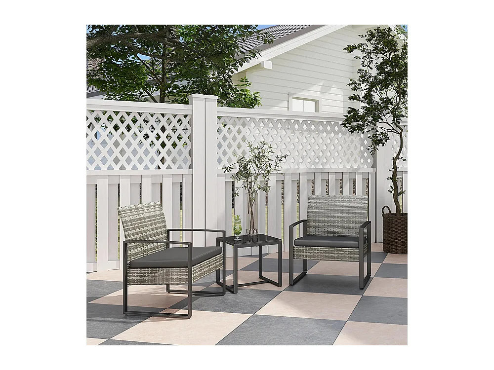 Salon de jardin 3 pièces 2 chaises avec coussins + table basse plateau verre trempé résine tressée， gris clair