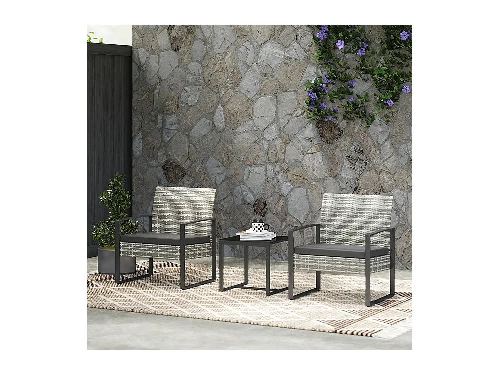 Salon de jardin 3 pièces 2 chaises avec coussins + table basse plateau verre trempé résine tressée， gris clair