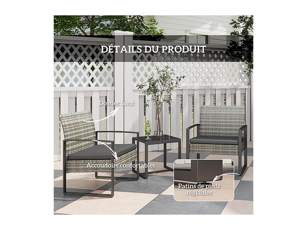 Salon de jardin 3 pièces 2 chaises avec coussins + table basse plateau verre trempé résine tressée， gris clair