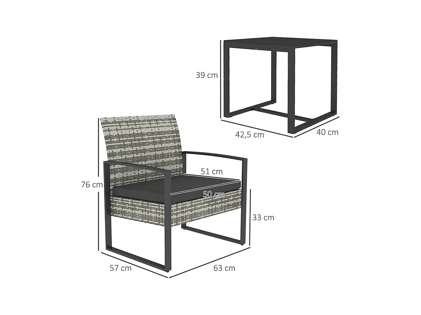 Salon de jardin 3 pièces 2 chaises avec coussins + table basse plateau verre trempé résine tressée， gris clair