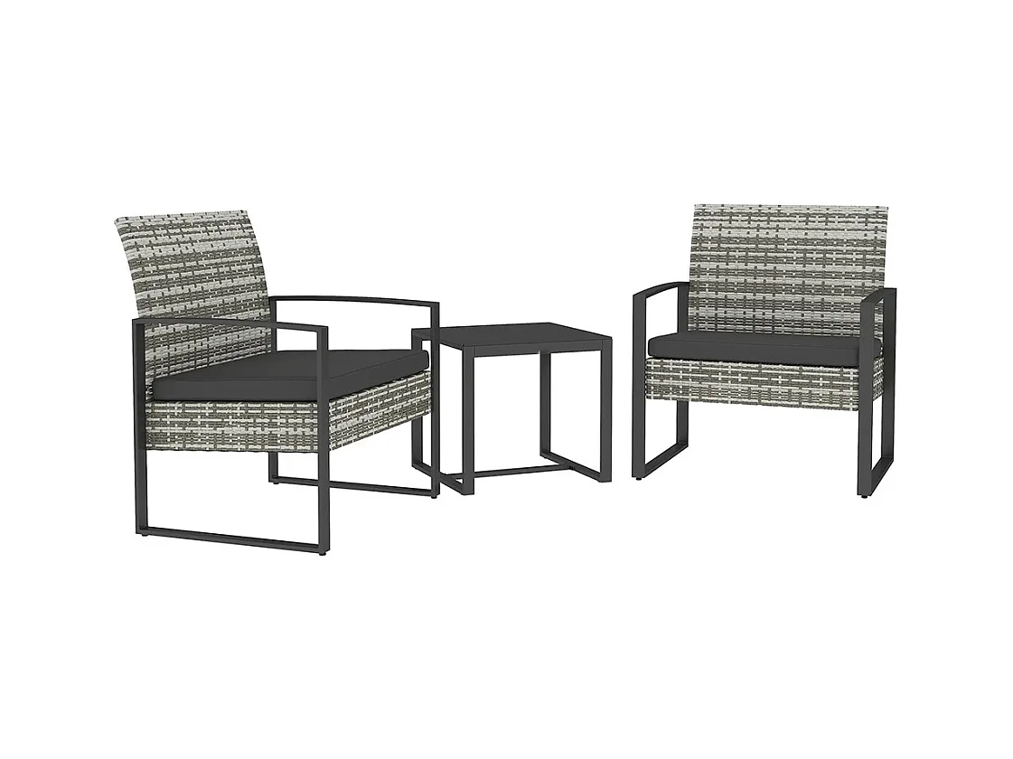 Salon de jardin 3 pièces 2 chaises avec coussins + table basse plateau verre trempé résine tressée， gris clair