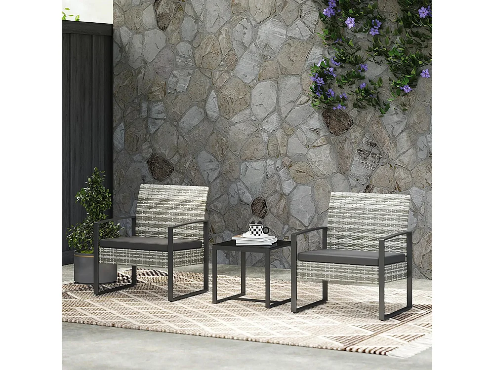 Salon de jardin 3 pièces 2 chaises avec coussins + table basse plateau verre trempé résine tressée， gris clair