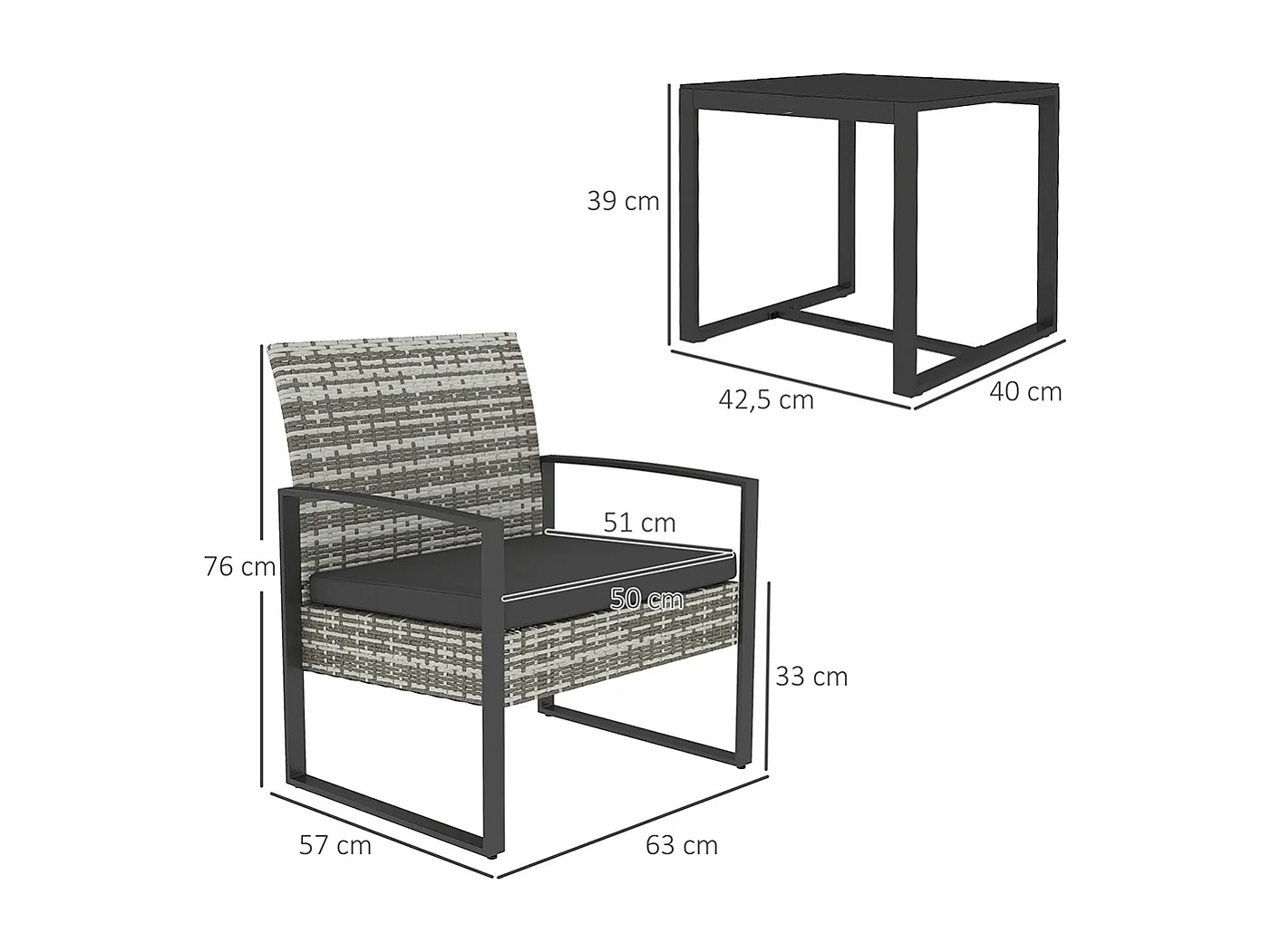 Salon de jardin 3 pièces 2 chaises avec coussins + table basse plateau verre trempé résine tressée， gris clair