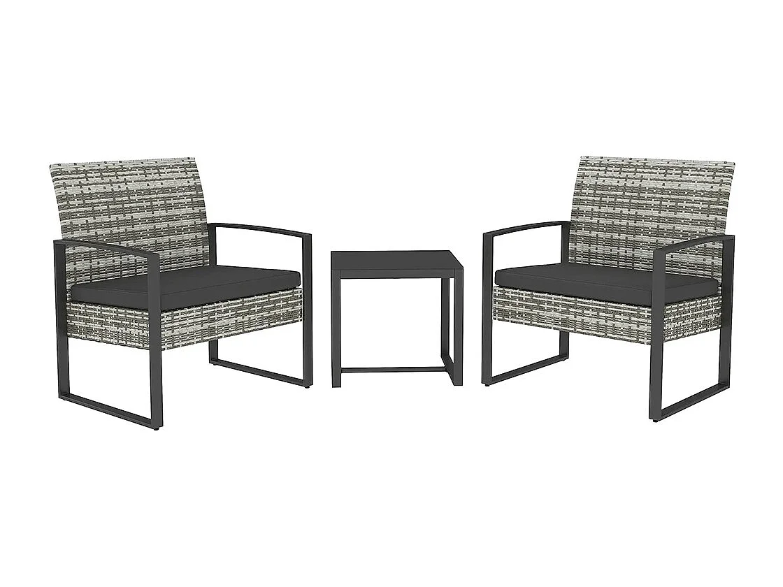 Salon de jardin 3 pièces 2 chaises avec coussins + table basse plateau verre trempé résine tressée， gris clair