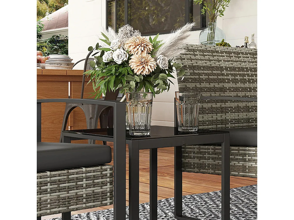 Salon de jardin 3 pièces 2 chaises avec coussins + table basse plateau verre trempé résine tressée， gris clair