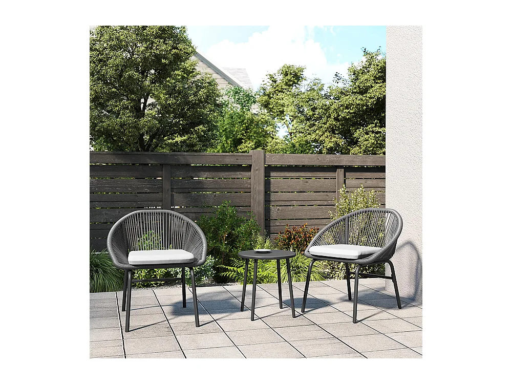 Ensemble de salon de jardin avec coussins moelleux, en corde tressée en résine et acier époxy.