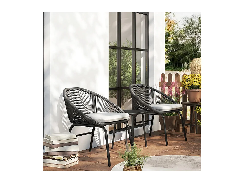 Ensemble de salon de jardin avec coussins moelleux, en corde tressée en résine et acier époxy.