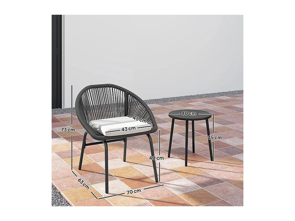 Ensemble de salon de jardin avec coussins moelleux, en corde tressée en résine et acier époxy.