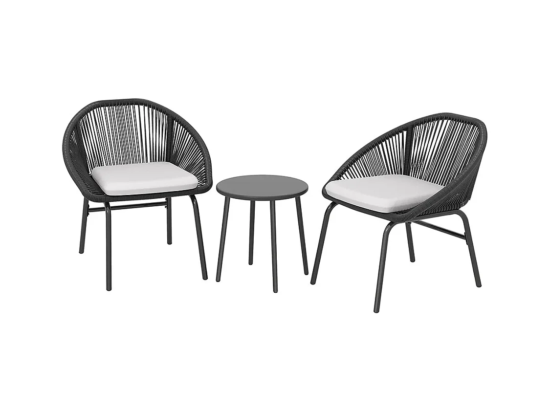 Ensemble de salon de jardin avec coussins moelleux, en corde tressée en résine et acier époxy.