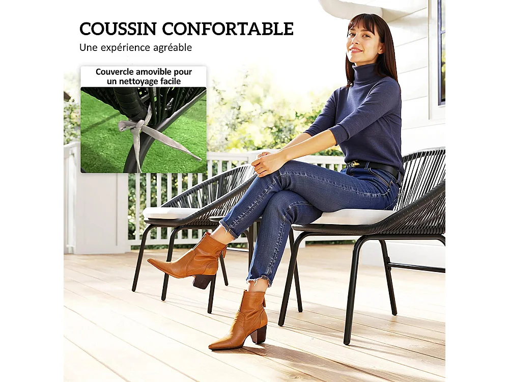 Ensemble de salon de jardin avec coussins moelleux, en corde tressée en résine et acier époxy.