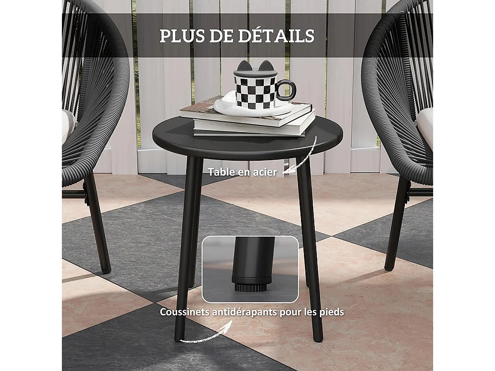 Ensemble de salon de jardin avec coussins moelleux, en corde tressée en résine et acier époxy.