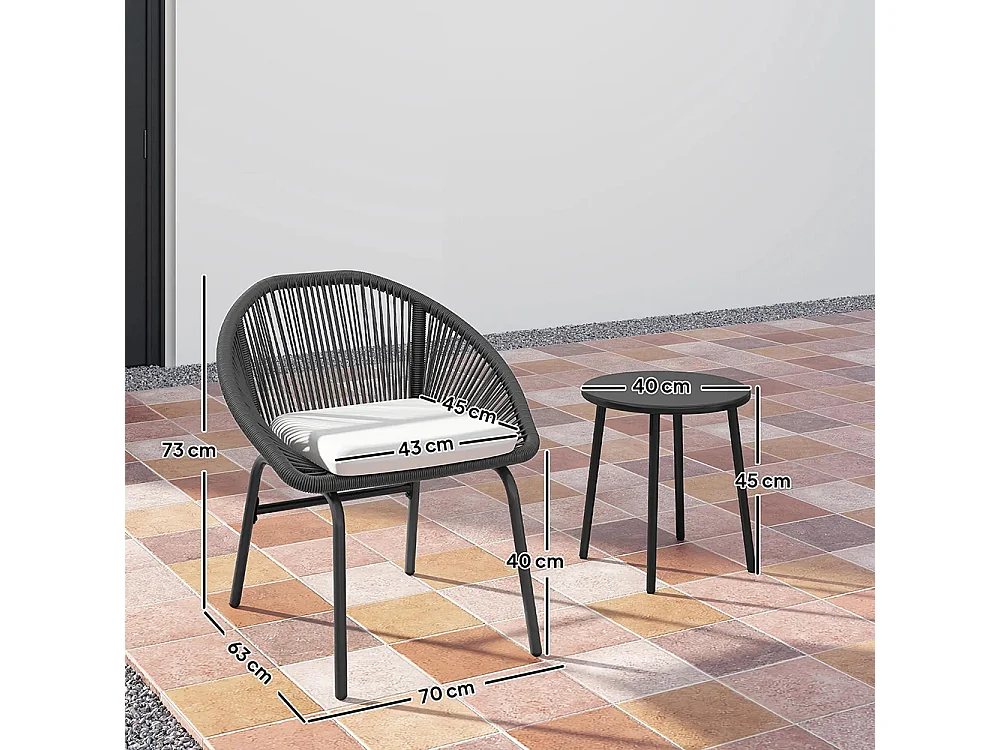 Ensemble de salon de jardin avec coussins moelleux, en corde tressée en résine et acier époxy.