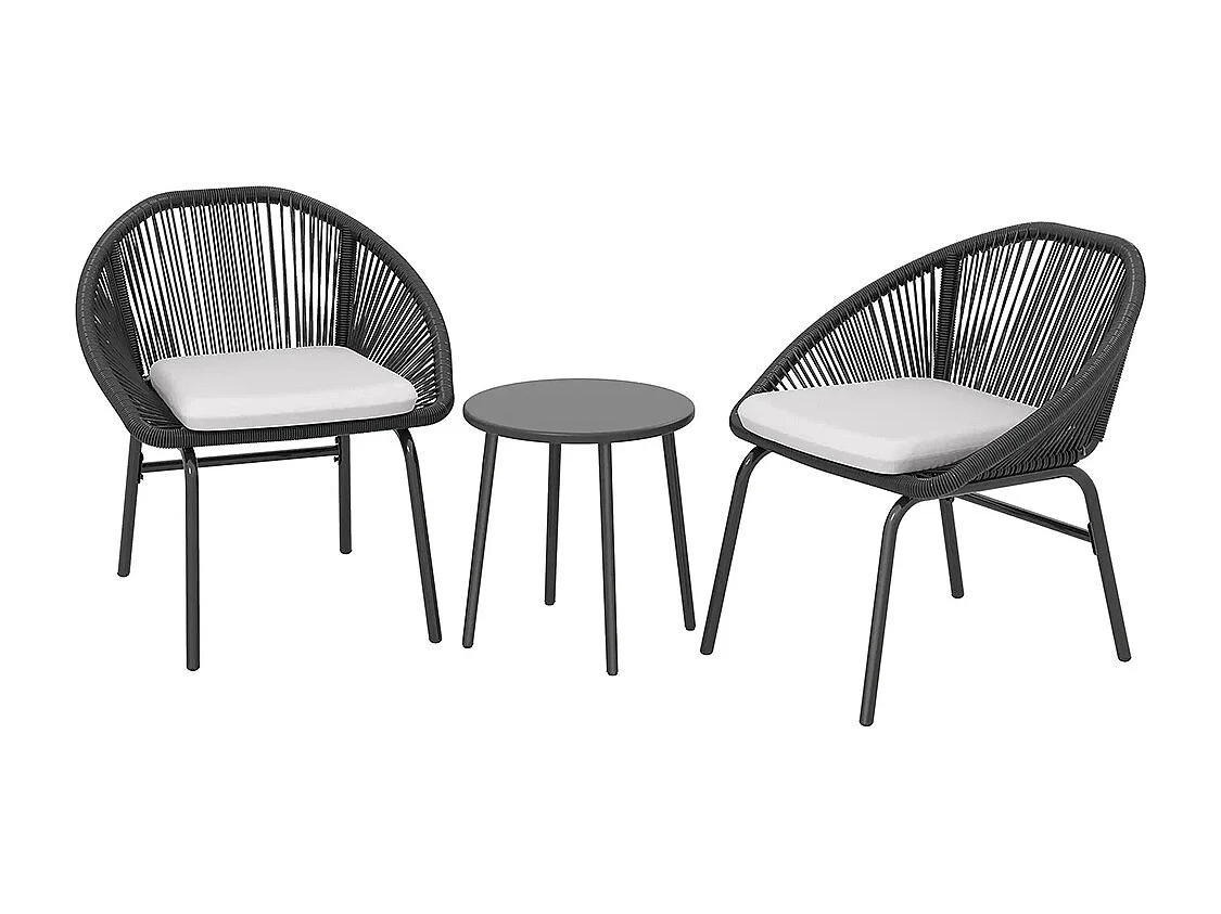 Ensemble de salon de jardin avec coussins moelleux, en corde tressée en résine et acier époxy.