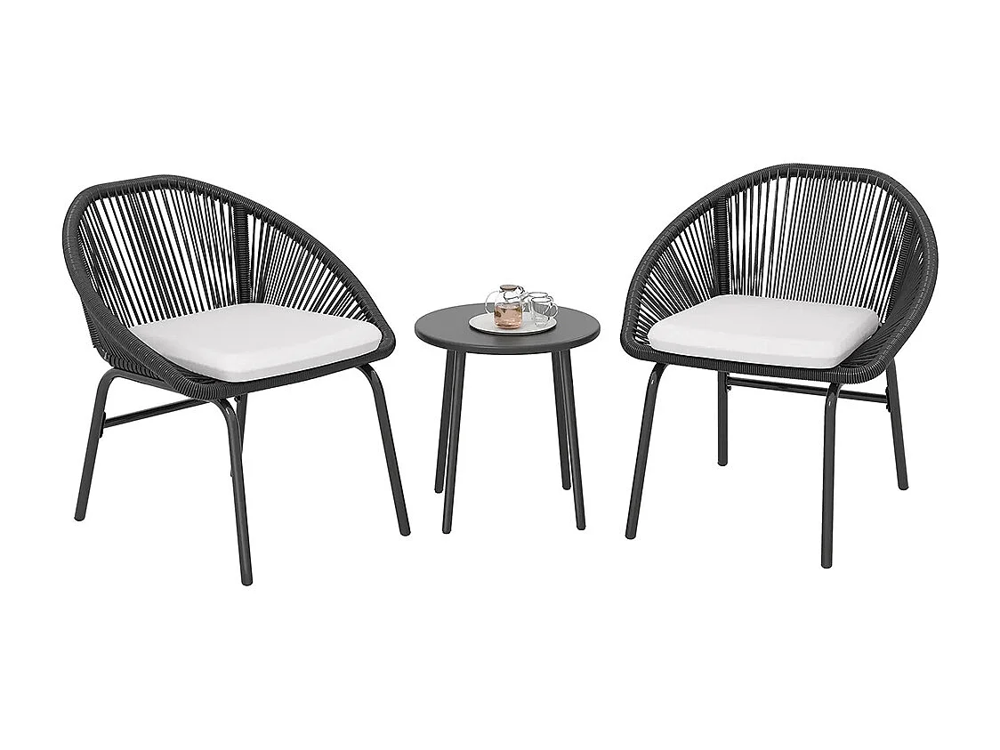 Ensemble de salon de jardin avec coussins moelleux, en corde tressée en résine et acier époxy.