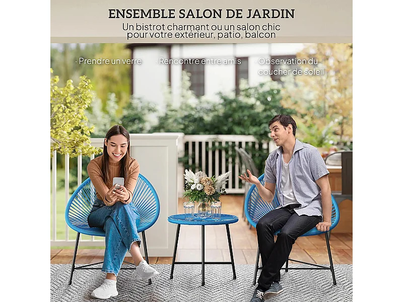 Mobilier de jardin, en résine tressée pour l'extérieur, avec plateau en verre trempé, couleur bleue.