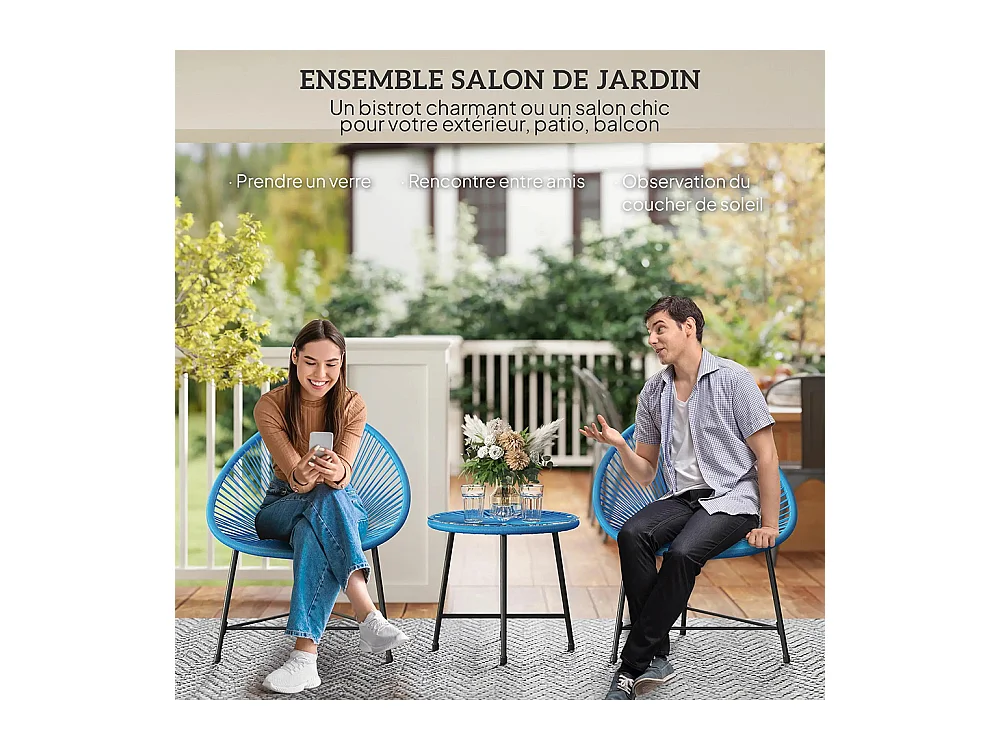 Mobilier de jardin, en résine tressée pour l'extérieur, avec plateau en verre trempé, couleur bleue.