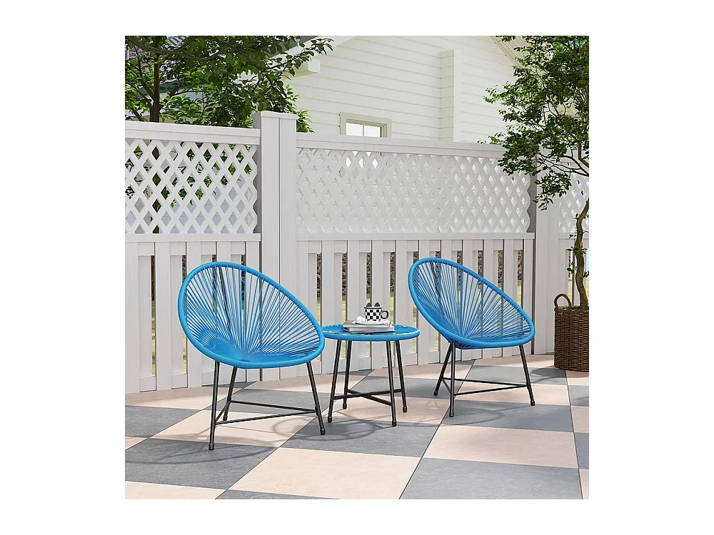 Mobilier de jardin, en résine tressée pour l'extérieur, avec plateau en verre trempé, couleur bleue.