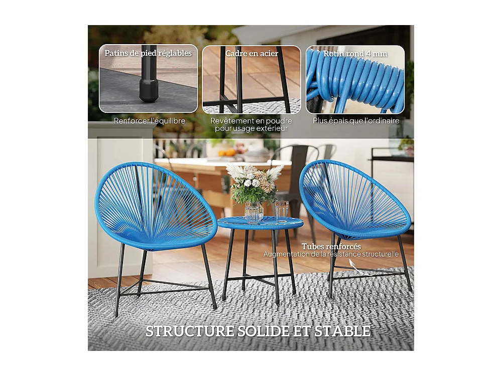 Mobilier de jardin, en résine tressée pour l'extérieur, avec plateau en verre trempé, couleur bleue.